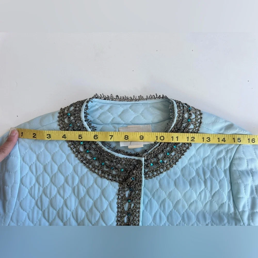 Vintage 70s Flobert Edwardian Baby Blue Bling Quilt Mod Long Robe House Coat - Picture 11 of 16